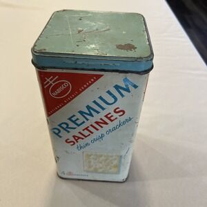 Vintage Nabisco Premium Saltines Cracker Tall Tin Container W/ Blue Lid